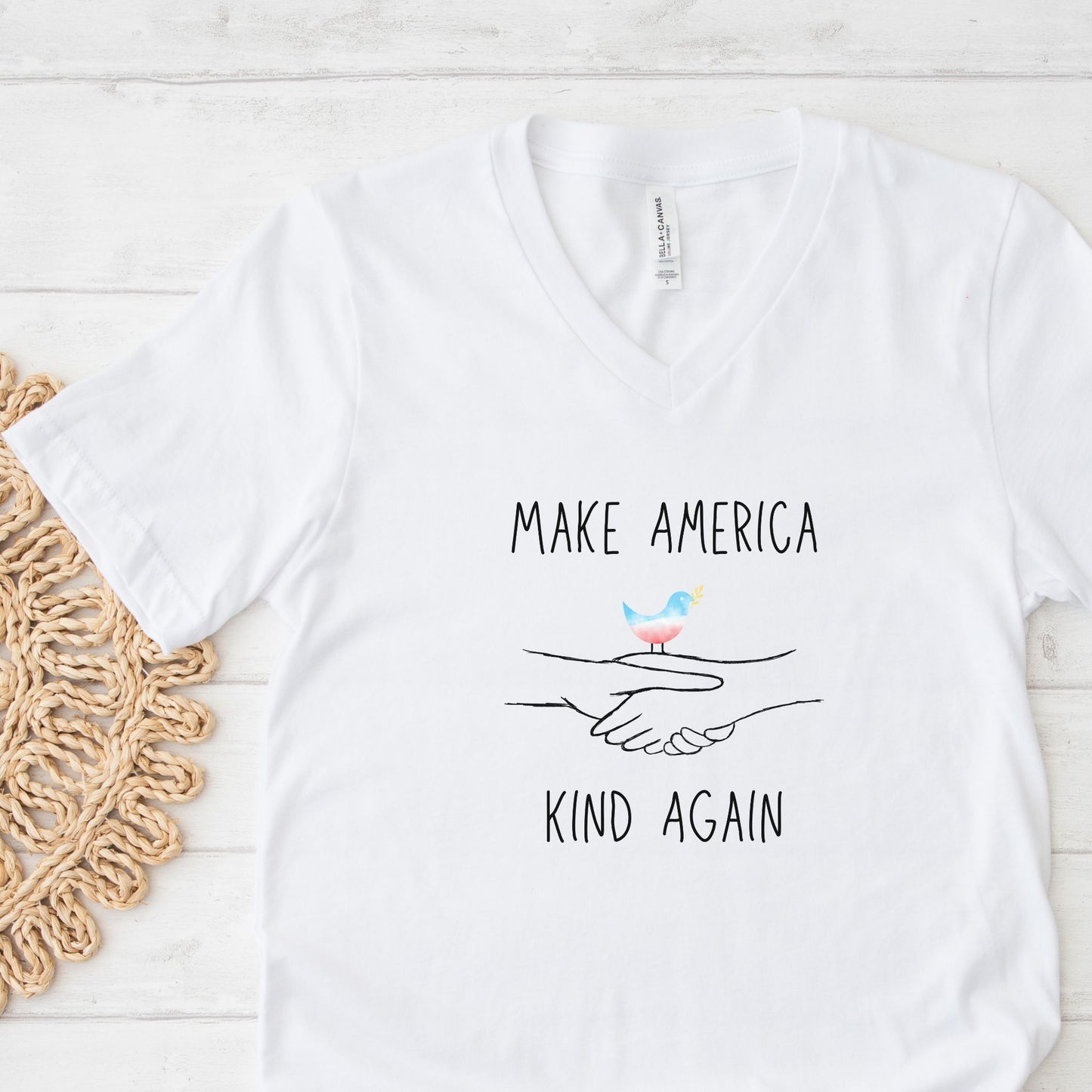 “Make America Kind Again”™ with Watercolor Dove Unisex V-Neck T-Shirt