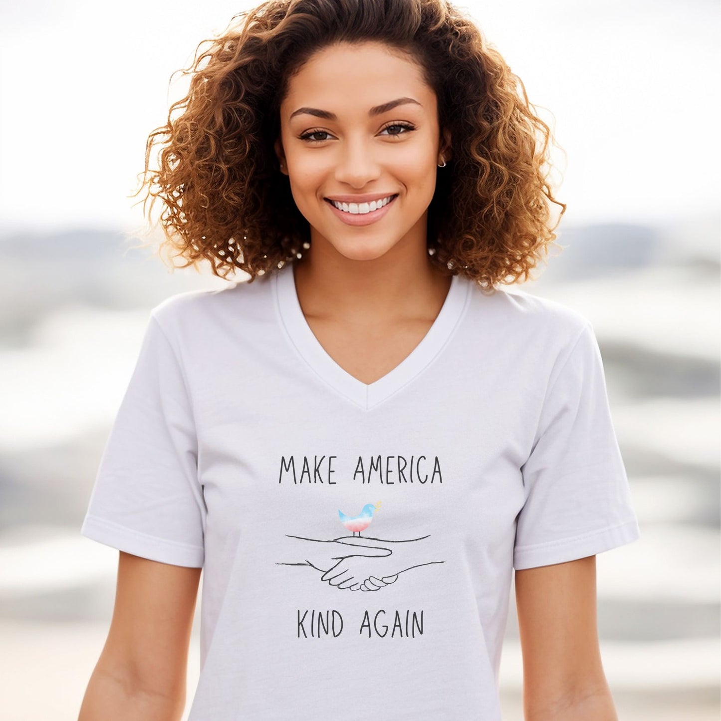 “Make America Kind Again”™ with Watercolor Dove Unisex V-Neck T-Shirt