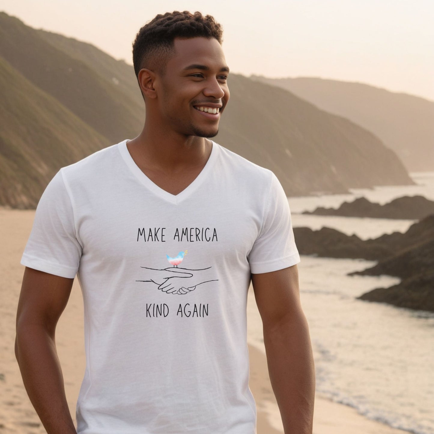 “Make America Kind Again”™ with Watercolor Dove Unisex V-Neck T-Shirt